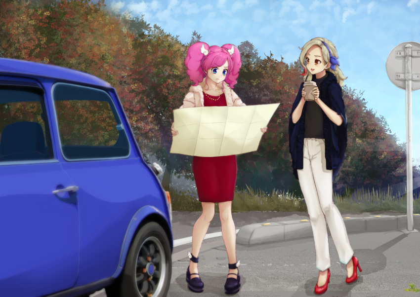 2girls :d :t aikatsu! aikatsu!_(series) amahane_madoka asymmetrical_bangs black_footwear blue_bow blue_coat blue_eyes blue_hairband bow brown_eyes car cloud cloudy_sky coat collarbone commentary_request cup day disposable_coffee_cup disposable_cup dress fashion fur_coat fur_trim grass hairband hairbow high_heels holding holding_cup holding_map ieya_iemon jewelry knees_together_feet_apart kurosawa_rin_(aikatsu!) light_brown_hair looking_at_another looking_at_map map map_(object) mini_cooper motor_vehicle multicolored_hair multiple_girls necklace no_socks open_mouth outdoors partial_commentary pearl_necklace pink_hair plant_request pout red_dress red_footwear red_hair road road_sign shoes sign sky smile standing streaked_hair thick_eyebrows tree turtleneck twintails v-shaped_eyebrows white_coat wing_hair_ornament