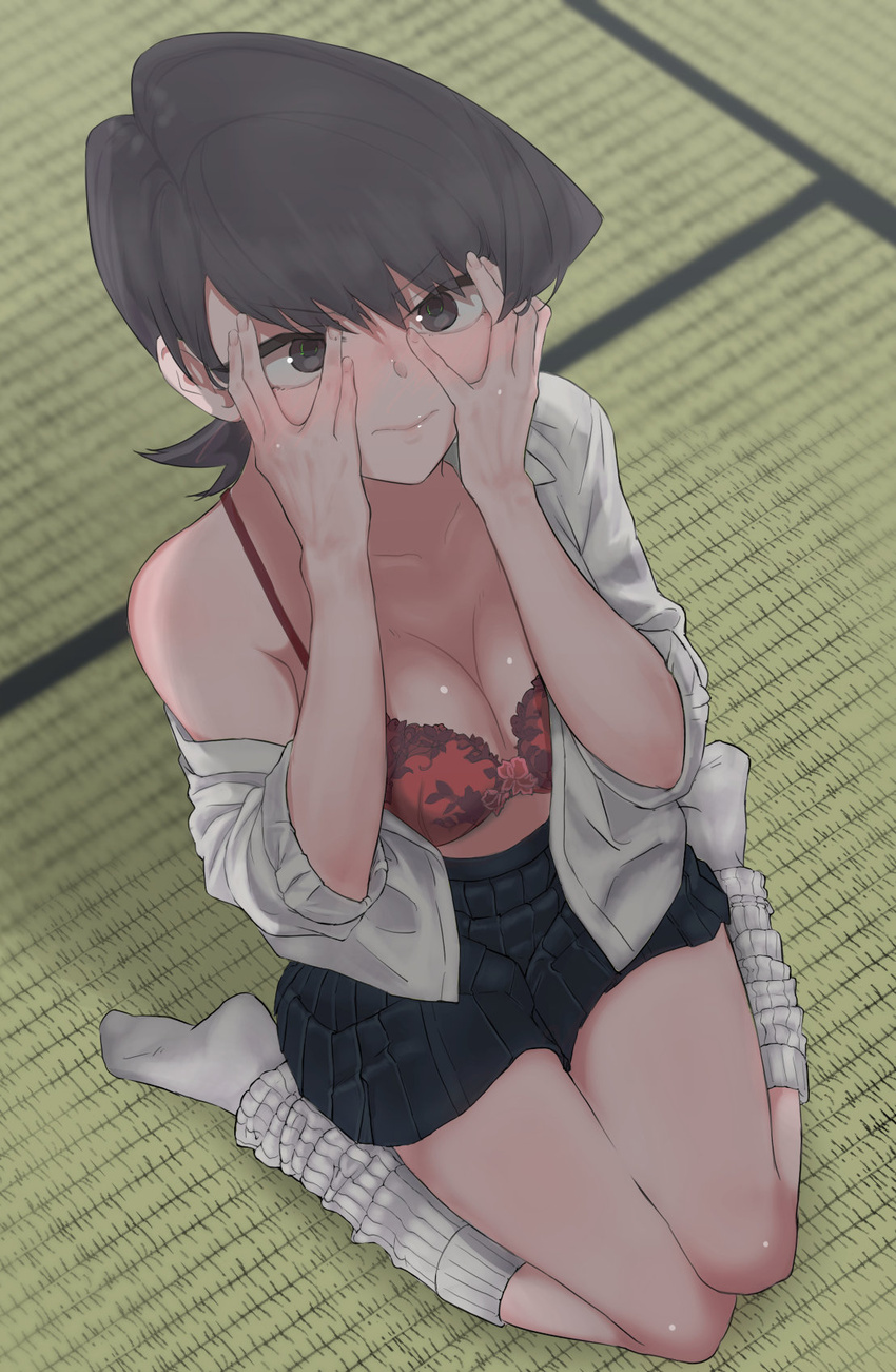 black_eyes black_hair black_skirt breasts cleavage closed_mouth collarbone collared_shirt commentary_request covering_own_eyes female from_above full_body highres indoors komi-san_wa_komyushou_desu komi_shuuko looking_at_viewer loose_socks mature_female medium_breasts miniskirt off_shoulder on_floor open_clothes open_shirt peeking_through_fingers pleated_skirt shirt sitting skirt socks solo takita_(takita3411) tatami wariza white_shirt white_socks