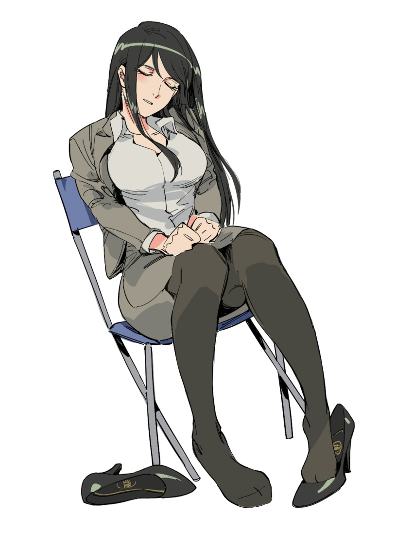 black_footwear black_hair black_pantyhose breasts chair closed_eyes collared_shirt commentary copyright_request director's_chair dutch_angle english_commentary female formal grey_shirt grey_skirt hands_on_lap head_tilt high_heels highres large_breasts long_hair miniskirt on_chair pantyhose parted_lips ruukii_drift shirt shoes simple_background sitting skirt skirt_suit sleeping sleeping_upright solo suit taut_clothes taut_skirt unworn_shoes white_background wing_collar