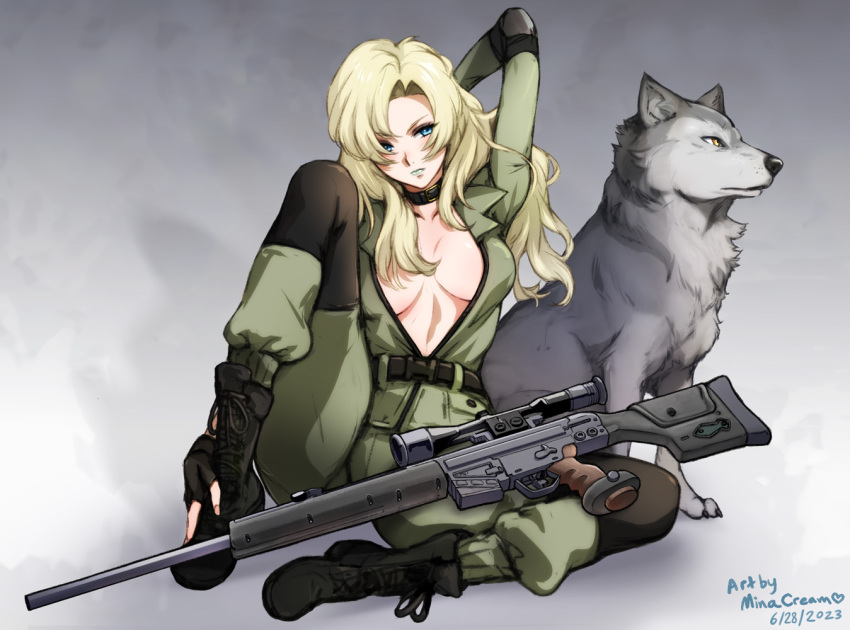 animal artist_name belt black_footwear blonde_hair blue_eyes boots breasts collar cross-laced_footwear dated female fingerless_gloves full_body gloves gun h&k_psg1 lace-up_boots long_hair long_sleeves looking_at_viewer metal_gear_(series) metal_gear_solid mina_cream rifle sitting sniper_rifle sniper_wolf solo weapon wolf