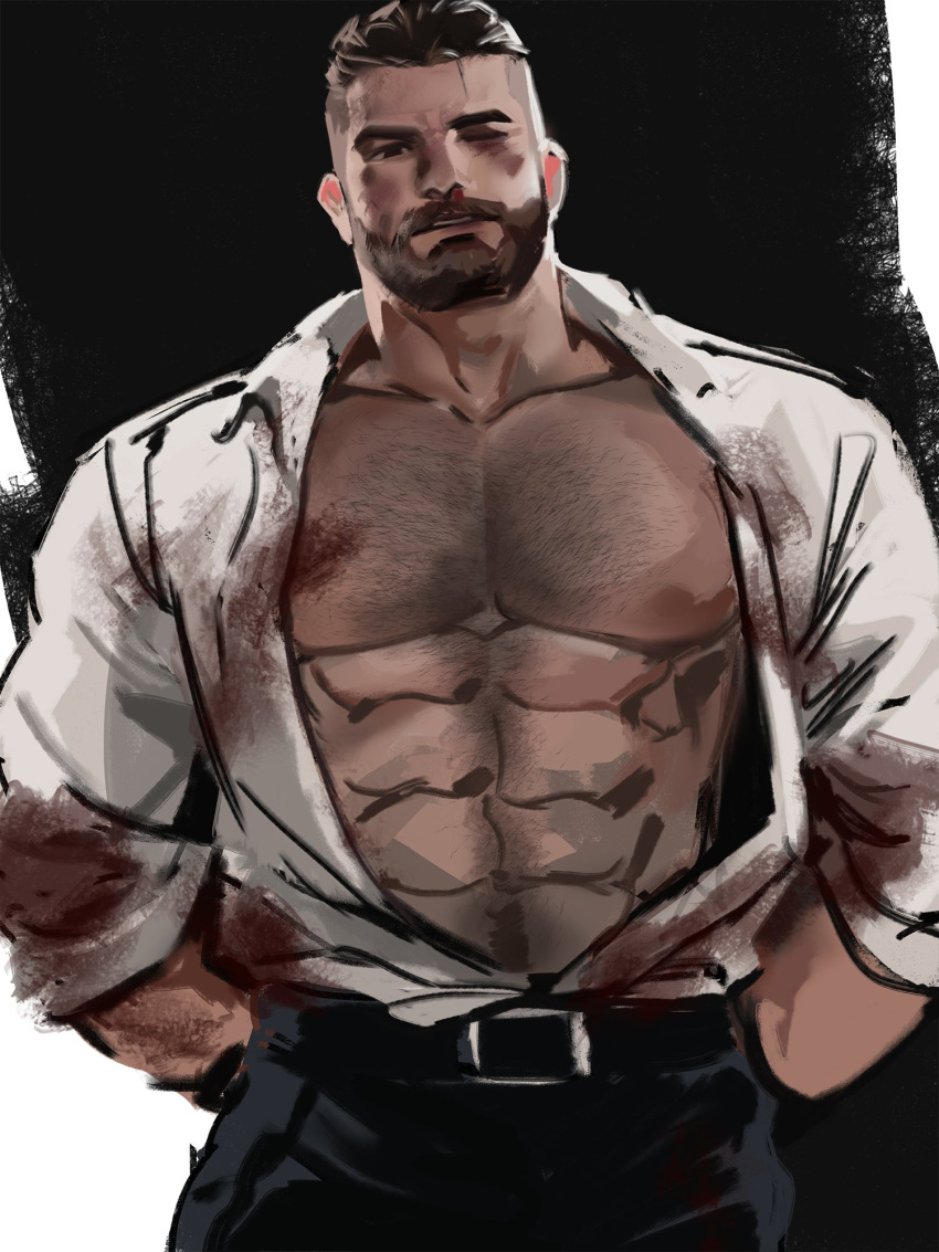 1boy abs arms_behind_back bara bare_pectorals beard black_eyes blood blood_on_clothes brown_hair bruise bruise_on_face bruised_eye chest_hair collared_shirt david_king_(dead_by_daylight) dead_by_daylight denim dopey_(dopq) facial_hair hairy highres injury jeans large_pectorals leather leather_belt long_sleeves looking_at_viewer male_focus manly mature_male muscular muscular_male nipples nosebleed open_clothes open_mouth open_shirt pants pectorals shirt short_hair solo teeth thick_arms thick_eyebrows tight_clothes unbuttoned undercut very_short_hair white_shirt