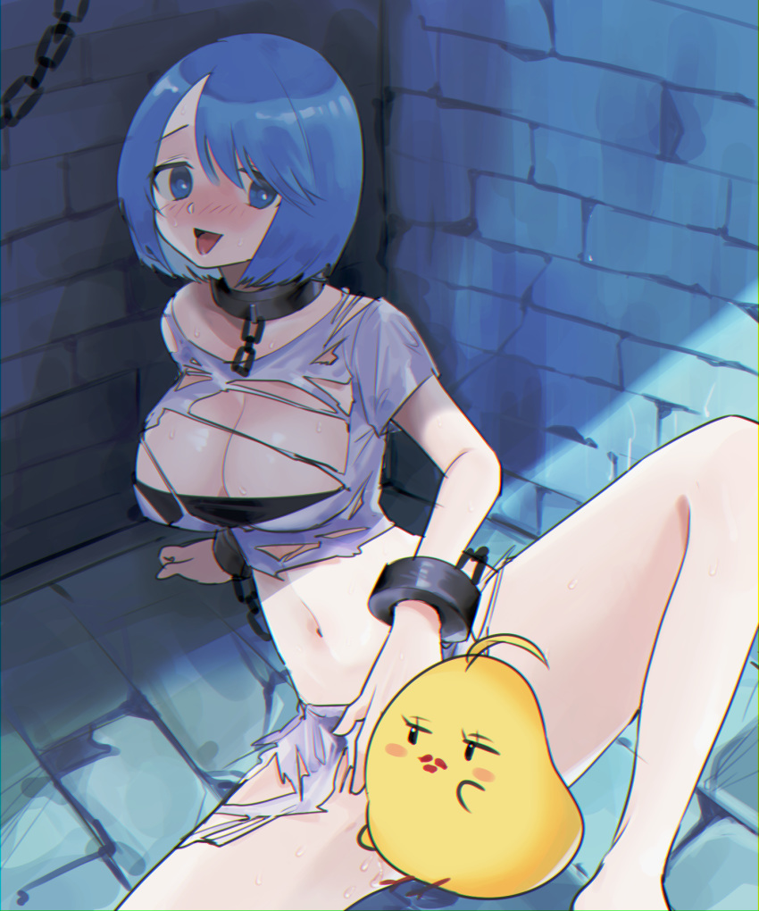 :d azur_lane bird blue_eyes blue_hair breasts brick_floor brick_wall bright_pupils censored chains chapayev_(azur_lane) chapayev_(the_captive_cavalier)_(azur_lane) character_censor chick chromatic_aberration cleavage commentary_request cuffs female furrowed_brow highres large_breasts manjuu_(azur_lane) navel novelty_censor open_mouth p_p_p99 shackles shirt short_hair short_sleeves smile spread_legs sweat tongue tongue_out torn_clothes torn_shirt white_pupils white_shirt