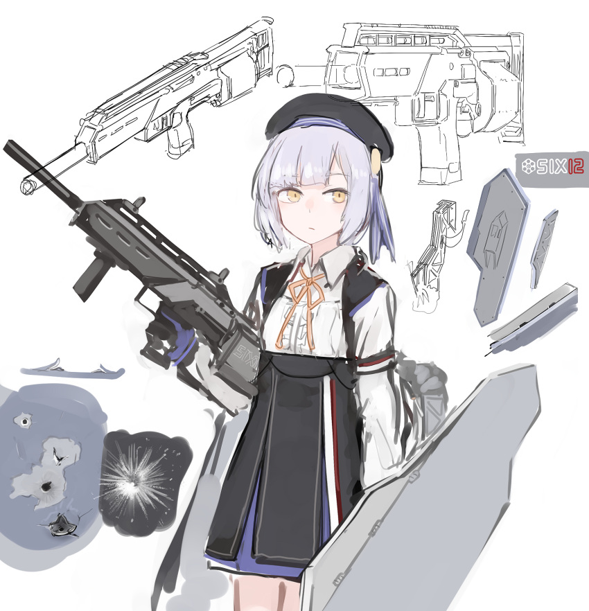 cape commentary female flat_chest girls'_frontline gun hat highres holding long_sleeves rampart1028 shield shield_module short_hair shotgun six12 six12_(girls'_frontline) solo weapon white_hair