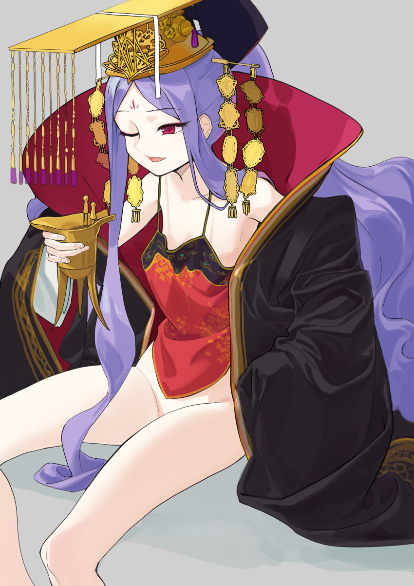 absurdres bare_shoulders black_robe bottomless camisole chinese_clothes crown cup facial_mark fate/grand_order fate_(series) feet_out_of_frame female flat_chest forehead_mark gold_trim grey_background guan_hat hair_ornament hair_stick hanfu highres holding holding_cup kaede_(shijie_heping) long_hair mian_guan one_eye_closed open_clothes open_robe parted_bangs parted_lips ponytail purple_hair red_eyes robe sidelocks simple_background sitting solo very_long_hair wide_sleeves wu_zetian_(fate)