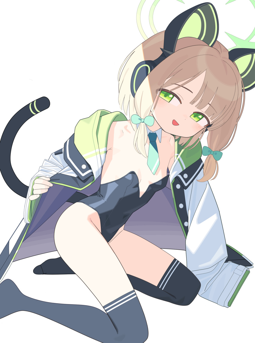 animal_ear_headphones animal_ears arm_support black_leotard black_thighhighs blonde_hair blue_archive bow breasts cat_ear_headphones cat_tail coat commentary covered_navel detached_collar fake_animal_ears fake_tail female green_bow green_eyes green_necktie hairbow half-closed_eyes halo headphones highleg highleg_leotard highres kneeling legs leotard long_sleeves looking_at_viewer mabera midori_(blue_archive) necktie no_shoes open_clothes open_coat seductive_smile short_hair simple_background small_breasts smile solo tail thighhighs thighs white_background white_coat