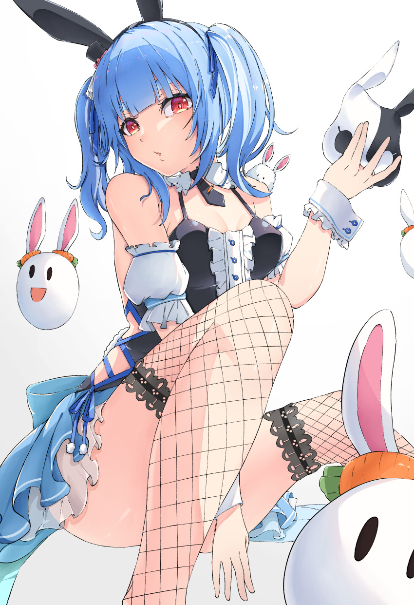 absurdres animal_ears animal_on_shoulder black_dress black_necktie blue_hair breasts detached_sleeves don-chan_(usada_pekora) dress fake_animal_ears female fishnet_thighhighs fishnets hat highres holding holding_mask hololive long_hair looking_at_viewer mask mini_hat mini_top_hat multicolored_hair necktie official_alternate_costume pekomon_(usada_pekora) puffy_detached_sleeves puffy_short_sleeves puffy_sleeves rabbit_ears rabbit_mask red_eyes saico_isshin short_necktie short_sleeves small_breasts thighhighs top_hat twintails two-tone_hair usada_pekora usada_pekora_(furi_furi_bunny_dress) virtual_youtuber white_hair