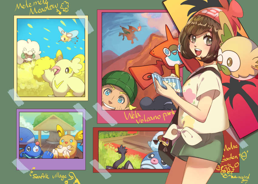 1boy :d absurdres alolan_raichu beanie book brown_hair charizard commentary cutiefly eyelashes female flame-tipped_tail green_shorts grey_eyes hat highres hiker_(pokemon) holding holding_book litten looking_at_viewer open_mouth oricorio oricorio_(pom-pom) pokemon pokemon_(creature) pokemon_sm poliwag popplio red_headwear rotom rotom_dex rowlet sapphire_yue selene_(pokemon) shirt short_sleeves shorts smile t-shirt teeth tied_shirt tongue upper_teeth_only whimsicott yellow_shirt