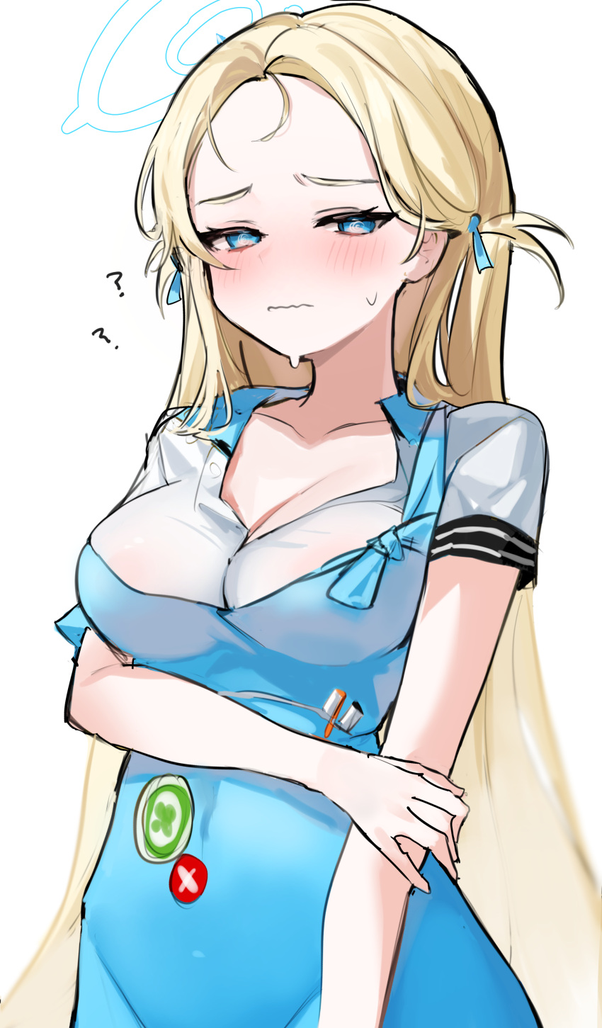 ? @_@ absurdres alternate_breast_size angel's_24_uniform_(blue_archive) apron aqua_apron aqua_ribbon blonde_hair blue_archive blue_eyes blush breasts cleavage collared_shirt danbal female forehead hair_ribbon halo highres long_hair looking_at_viewer medium_breasts off_shoulder ribbon shirt short_sleeves simple_background solo sora_(blue_archive) sweat two_side_up very_long_hair wavy_mouth white_background