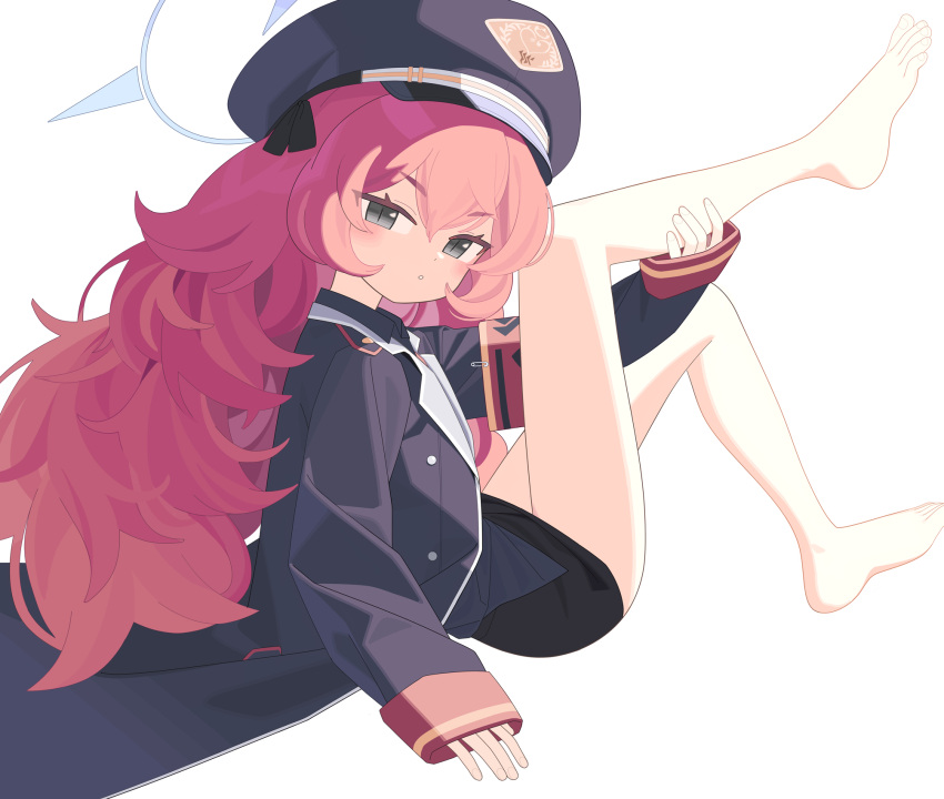 armband bare_legs barefoot big_hair black_coat black_eyes black_skirt blue_archive blush coat feet female from_side hair_between_eyes hat highres iroha_(blue_archive) legs long_hair long_sleeves looking_at_viewer mabera miniskirt multicolored_hair open_clothes open_coat parted_lips peaked_cap pencil_skirt pink_hair red_hair safety_pin shadow simple_background sitting skirt solo toenails toes very_long_hair wavy_hair white_background