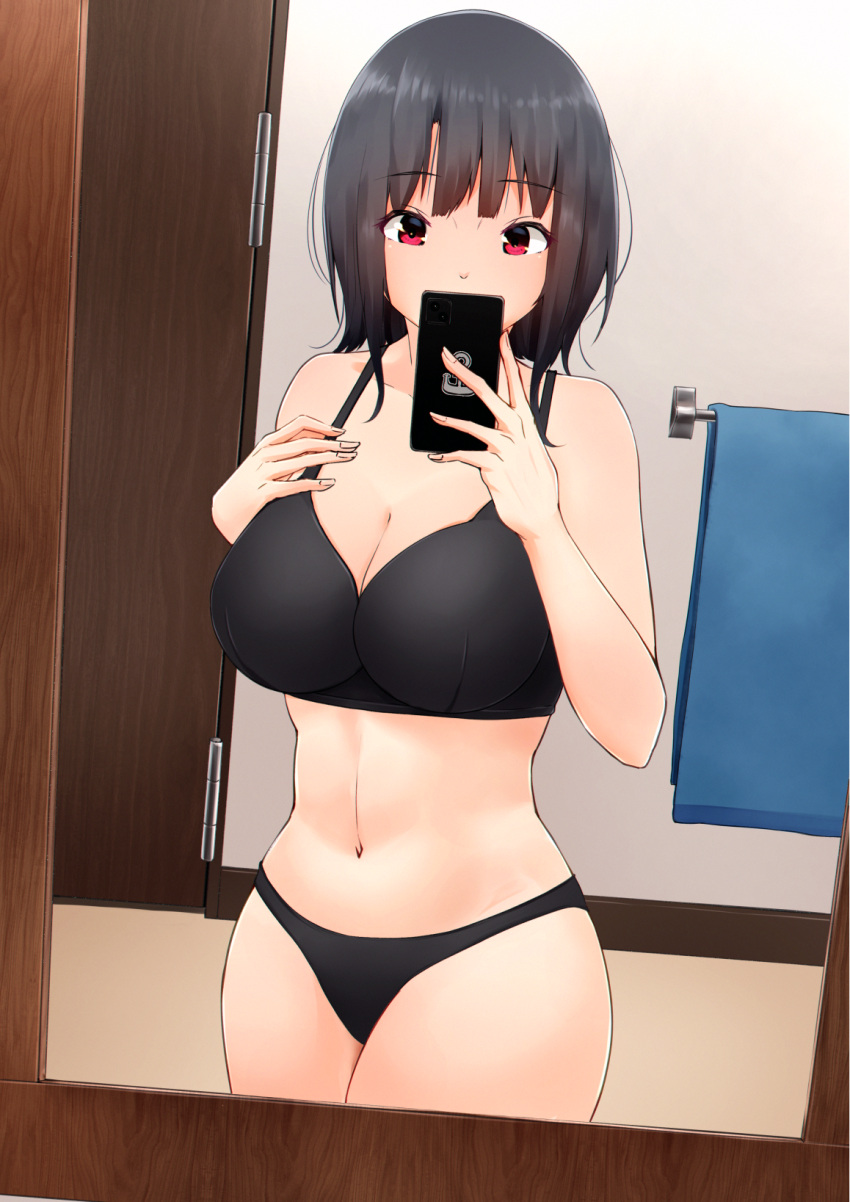 black_bra black_hair black_panties bra breasts cellphone cleavage commentary_request cowboy_shot door female highres holding kantai_collection large_breasts mirror navel paid_reward_available panties partial_commentary phone red_eyes selfie short_hair solo stomach tadokoro_nurikabe takao_(kancolle) towel underwear