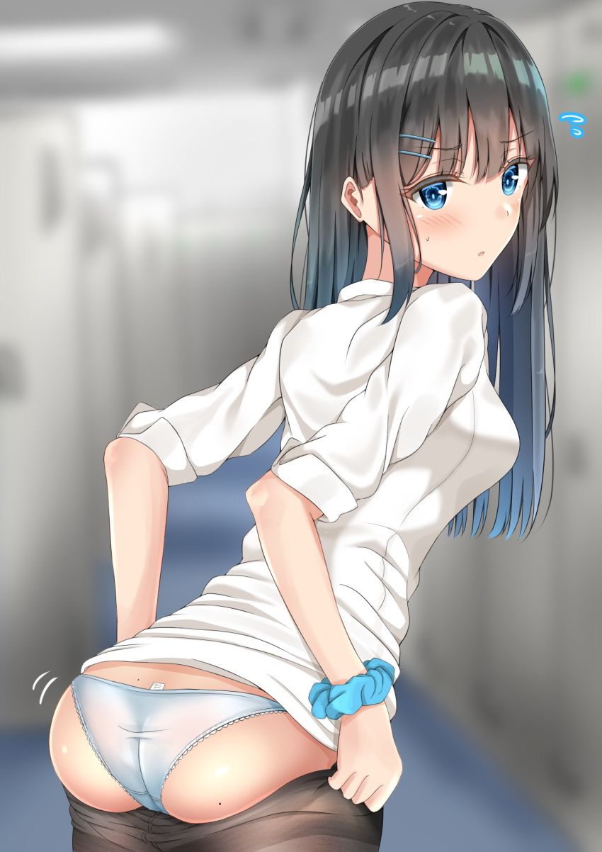 ass bad_id bad_pixiv_id black_hair blue_hair blue_scrunchie blurry blurry_background blush breasts female flying_sweatdrops from_behind hair_ornament hairclip highres indoors long_hair looking_at_viewer looking_back medium_breasts mole mole_on_ass multicolored_hair original panties pantyhose school_uniform scrunchie shirt solo sunsun2812 sweatdrop two-tone_hair underwear white_panties white_shirt wrist_scrunchie