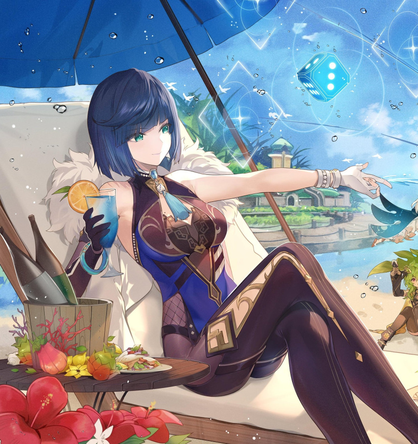 3girls alcohol aqua_eyes asymmetrical_gloves beach_chair bird blue_hair blue_sky bob_cut bottle breasts building closed_mouth cocktail_glass collei_(genshin_impact) commentary crossed_legs cup day diagonal_bangs dice drinking_glass elbow_gloves feather-trimmed_jacket feet_out_of_frame fingerless_gloves flower food fruit fur-trimmed_jacket fur_trim genshin_impact gloves harra_fruit_(genshin_impact) hibiscus highres holding holding_cup jacket jacket_on_shoulders legs mismatched_gloves mole mole_on_breast multiple_girls neck_tassel orange_(fruit) orange_slice outdoors outstretched_arm paimon_(genshin_impact) pier red_flower rudang shawarma shawarma_wrap_(genshin_impact) single_elbow_glove sitting sky smile solo_focus symbol-only_commentary table tassel tassel_choker umbrella water wooden_table wrap_(food) yelan_(genshin_impact) zaytun_peach_(genshin_impact)