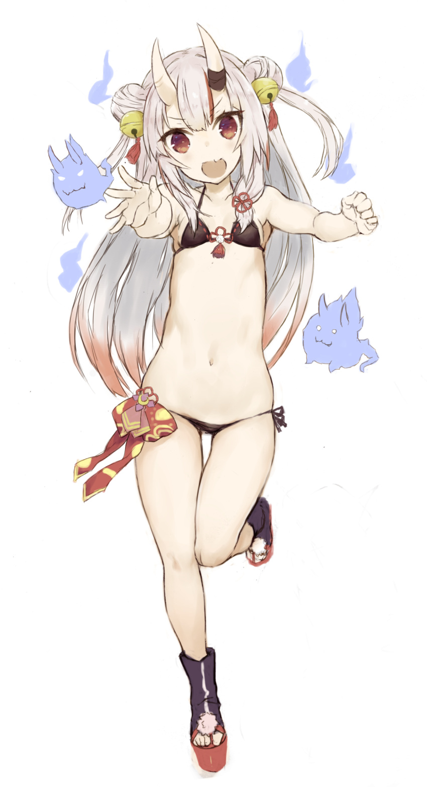 absurdres bikini breasts commentary_request double_bun female full_body ghost gradient_hair grey_hair hair_between_eyes hair_bun halterneck highres hololive horns karma_(nakiri_ayame) long_hair lowleg micro_bikini multicolored_hair nakiri_ayame nakiri_ayame_(1st_costume) navel oerba_yun_fang open_mouth outstretched_arm platform_footwear red_eyes red_hair ryo_(tg290) shiranui_(nakiri_ayame) side-tie_bikini_bottom simple_background skin-covered_horns skin_fang small_breasts solo standing standing_on_one_leg stomach streaked_hair swimsuit toeless_footwear two-tone_hair very_long_hair virtual_youtuber white_background