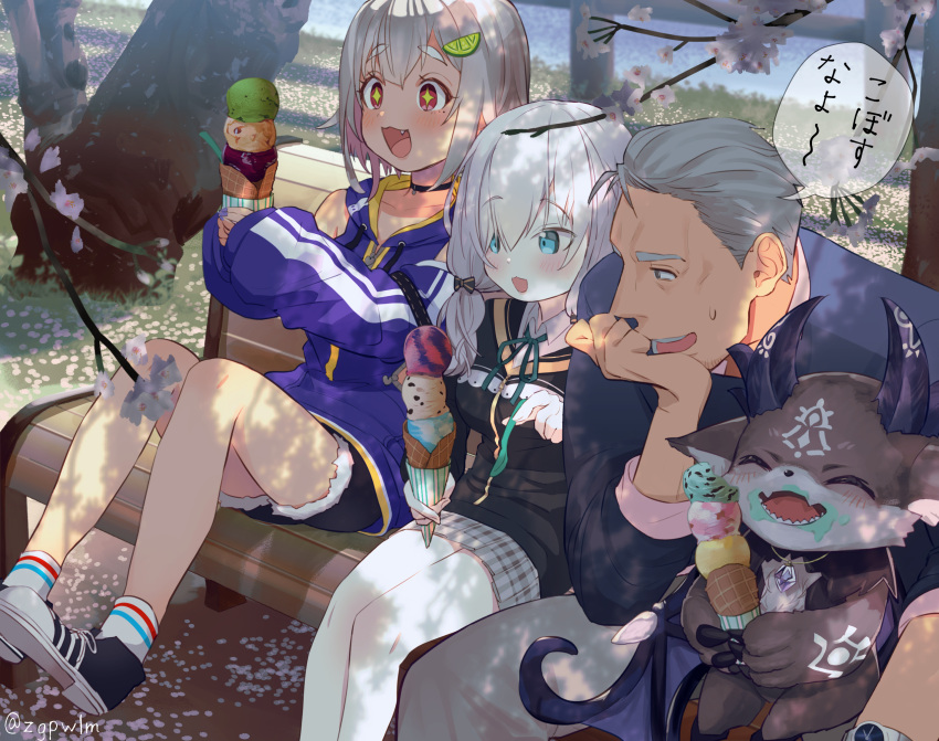 ahoge ars_almal bench choker debidebi_debiru eating food-themed_hair_ornament grey_hair hair_ornament hayama_marin hayama_marin_(1st_costume) highres ice_cream_cone lime_hair_ornament maimoto_keisuke nijisanji outdoors sitting sparkling_eyes symbol-shaped_pupils thighhighs virtual_youtuber white_hair white_legwear zgpwlm