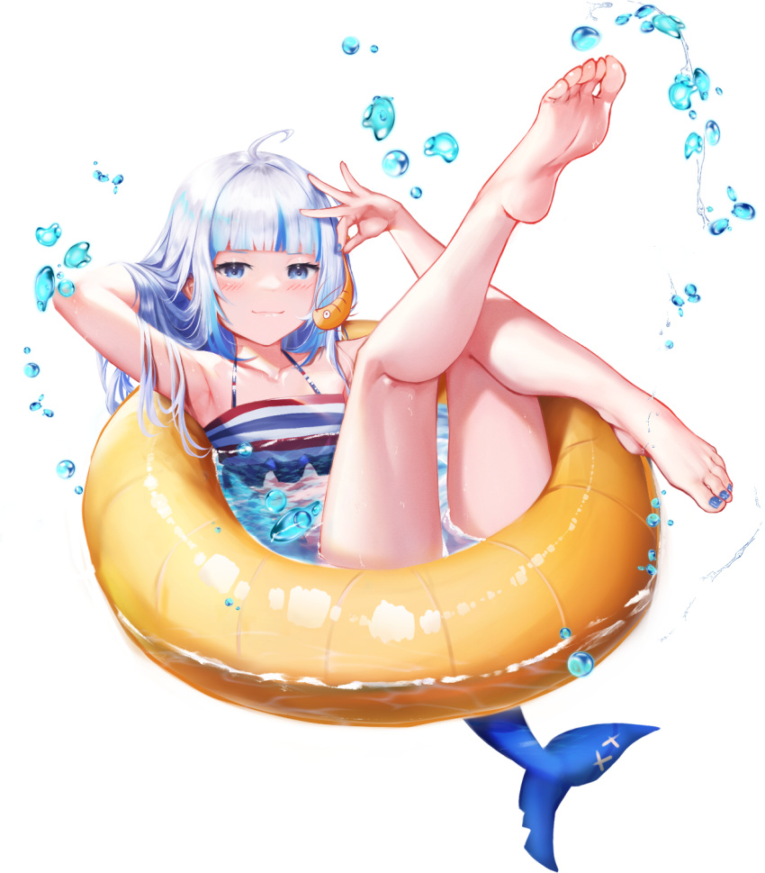 ahoge arm_up armpits barefoot bikini blue_eyes blue_nails blunt_bangs blurry blush closed_mouth collarbone commentary ebi-chan_(gawr_gura) english_commentary feet female fins fish_tail flat_chest frills gawr_gura grey_hair hand_up highres holding hololive hololive_english innertube knee_up koukie leg_up legs lens_flare long_hair looking_at_viewer multicolored_hair nail_polish official_alternate_costume shark_girl shark_tail shiny_skin shrimp smile soles solo splashing streaked_hair striped_bikini striped_clothes swim_ring swimsuit tail toenail_polish toenails toes transparent_background virtual_youtuber water