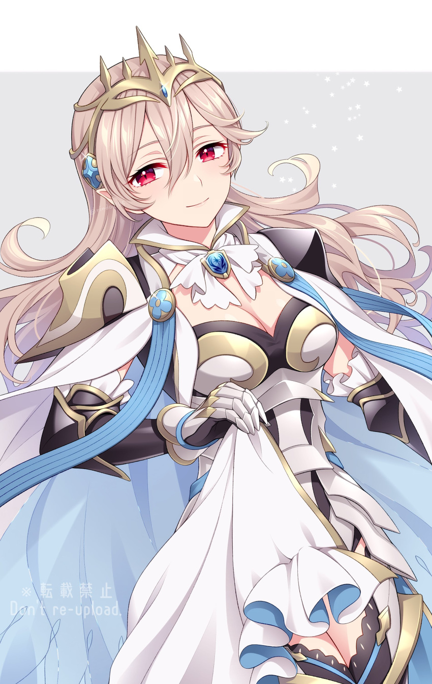 absurdres armor breasts cape cleavage corrin_(female)_(fire_emblem) corrin_(female)_(silent_bloodline)_(fire_emblem) corrin_(fire_emblem) crown female fire_emblem fire_emblem_fates fire_emblem_heroes frills gloves hair_between_eyes hair_ornament highres hiyori_(rindou66) jewelry long_hair looking_at_viewer medium_breasts official_alternate_costume pointy_ears red_eyes shoulder_armor smile solo upper_body white_hair