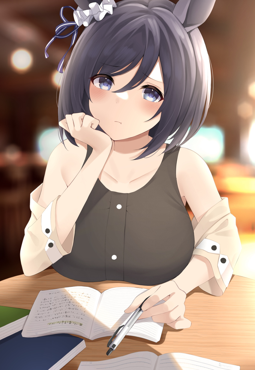 :t absurdres animal_ears bad_id bad_pixiv_id bare_shoulders black_hair black_shirt blue_eyes blurry blurry_background blush bob_cut breast_rest breasts breasts_on_table casual commentary eishin_flash_(umamusume) elbow_rest female hair_ribbon head_rest highres holding holding_pen horse_ears horse_girl indoors large_breasts looking_at_viewer notebook off_shoulder pen pout pov_across_table raised_eyebrows ribbon scrunchie shirt short_hair sleeveless sleeveless_shirt solo swept_bangs umamusume upper_body yellow_shirt zeatto