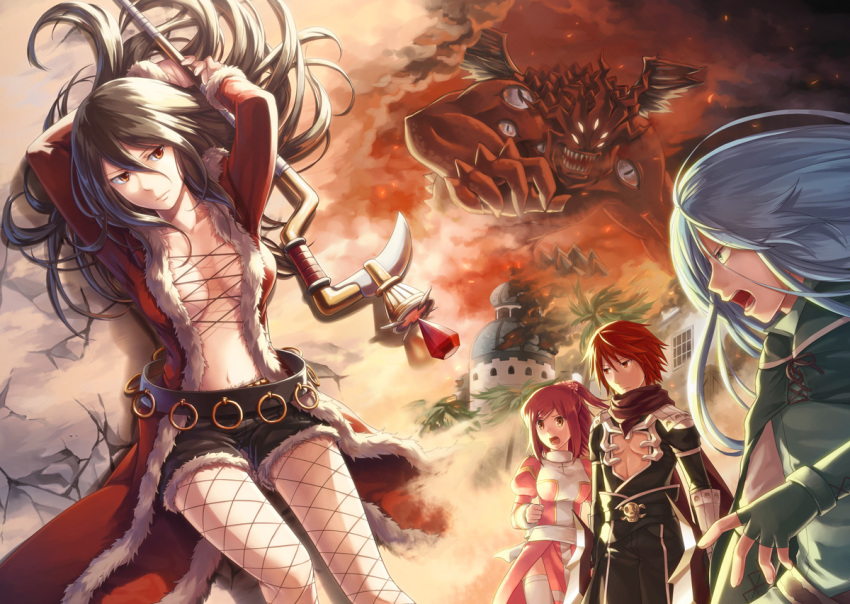 2girls 3boys armor assassin_cross_(ragnarok_online) bad_id bad_pixiv_id belt black_belt black_cape black_pants black_shirt black_shorts blue_hair bow breasts brown_eyes brown_hair cape character_request closed_mouth coat comiket_87 commentary_request cover cover_page cowboy_shot cross dagger demon destruction doujin_cover dress extra_eyes fishnet_pantyhose fishnets fur-trimmed_coat fur-trimmed_shorts fur_trim green_cape green_shirt high_priest_(ragnarok_online) holding holding_dagger holding_knife holding_staff holding_weapon jamadhar juliet_sleeves knife long_hair long_sleeves lying medium_breasts multiple_boys multiple_girls natsuya_(kuttuki) navel on_back open_clothes open_mouth open_shirt palm_tree pants pantyhose pauldrons ponytail puffy_sleeves ragnarok_online red_coat red_dress red_eyes red_hair red_scarf rogue_(ragnarok_online) sash satan_morroc scarf shirt short_hair short_shorts shorts shoulder_armor skull staff thighhighs torn_cape torn_clothes tree two-tone_dress vambraces waist_cape weapon white_bow white_dress white_legwear white_sash