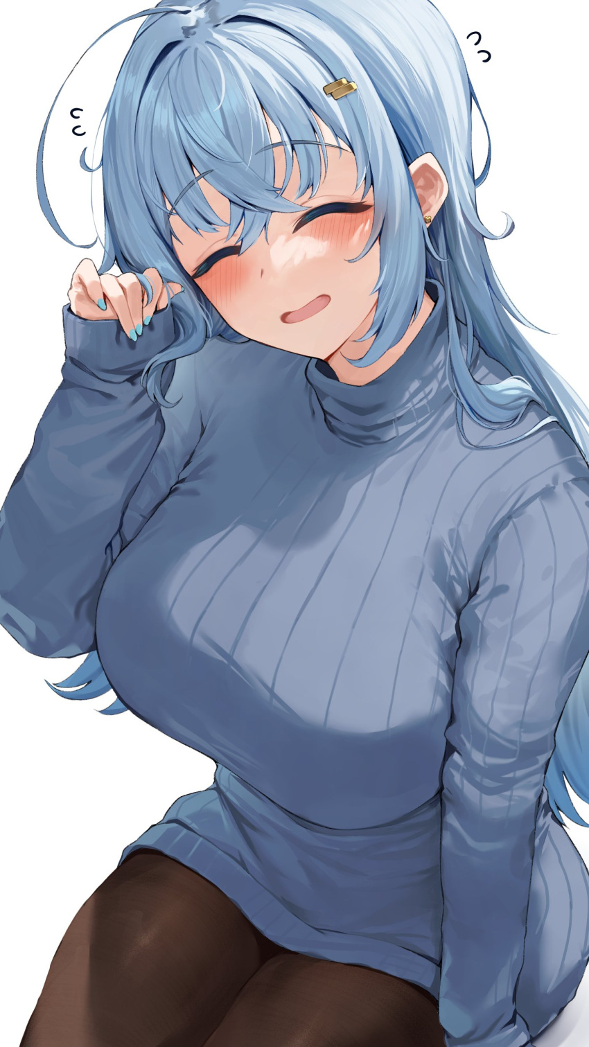 absurdres bad_id bad_twitter_id black_pantyhose blue_hair blue_nails blue_sweater blush breasts closed_eyes commentary_request crossed_bangs female hair_ornament hand_up highres large_breasts long_hair long_sleeves nail_polish neshia_(tsaqif0309) original pantyhose parted_lips simple_background smile sweater white_background