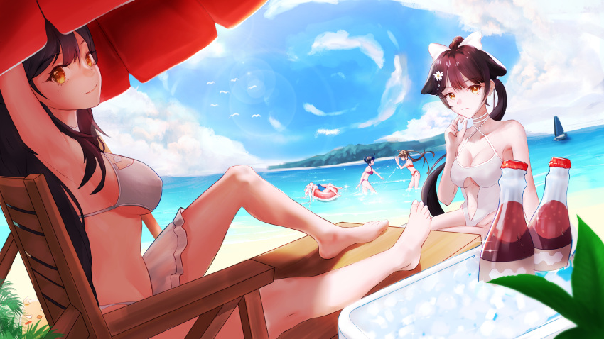 5girls absurdres arm_up armpits atago_(azur_lane) atago_(summer_march)_(azur_lane) azur_lane bare_legs barefoot beach beach_umbrella bikini black_choker blue_hair blue_one-piece_swimsuit blurry blurry_foreground bow breasts brown_eyes brown_hair choker closed_mouth clothing_cutout cloud cloudy_sky commentary day english_commentary feet flower foreshortening frills full_body grey_hair hair_flower hair_ornament hairbow hand_up hands_up highres innertube knee_up koukie laffey_(azur_lane) legs lens_flare long_hair looking_at_viewer lying mole mole_under_eye multiple_girls navel_cutout ning_hai_(azur_lane) ning_hai_(summer_hunger)_(azur_lane) official_alternate_costume on_back one-piece_swimsuit outdoors ping_hai_(azur_lane) ping_hai_(summer_vacation)_(azur_lane) ponytail purple_bikini red_bikini shadow sidelocks sitting sky smile soda_bottle splashing swim_ring swimsuit takao_(azur_lane) takao_(beach_rhapsody)_(azur_lane) toenails toes twintails umbrella underboob wading white_bikini white_bow white_one-piece_swimsuit yellow_eyes