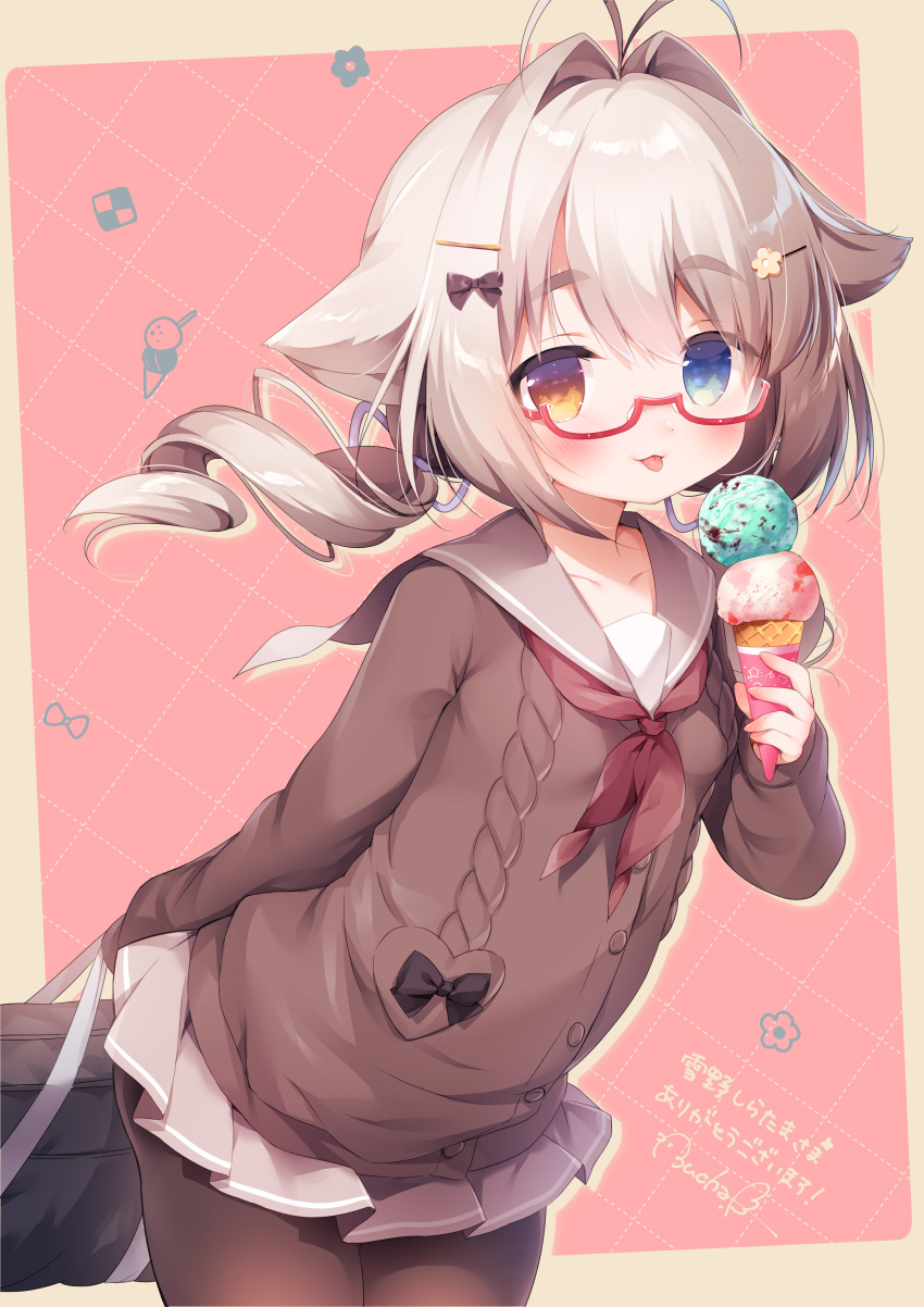 :p absurdres animal_ears bag black_pantyhose blue_eyes commentary_request commission female glasses hair_ornament hairclip heterochromia highres holding long_sleeves original pantyhose piyodera_mucha red_eyes school_uniform skeb_commission smile solo tongue tongue_out yukino_ko_(yukino_shiratama)