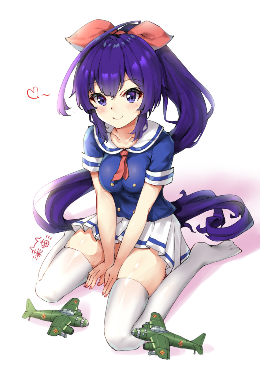 aircraft airplane between_legs blue_shirt blush breasts closed_mouth commentary_request female full_body hair_between_eyes hair_ribbon hand_between_legs heart highres long_hair medium_breasts neckerchief no_shoes pleated_skirt ponytail purple_eyes purple_hair red_neckerchief red_ribbon ribbon sailor_collar shinano_(warship_girls_r) shirt short_sleeves signature sitting skirt smile solo thighhighs v_arms very_long_hair wariza warship_girls_r white_sailor_collar white_skirt white_thighhighs zhudacaimiao