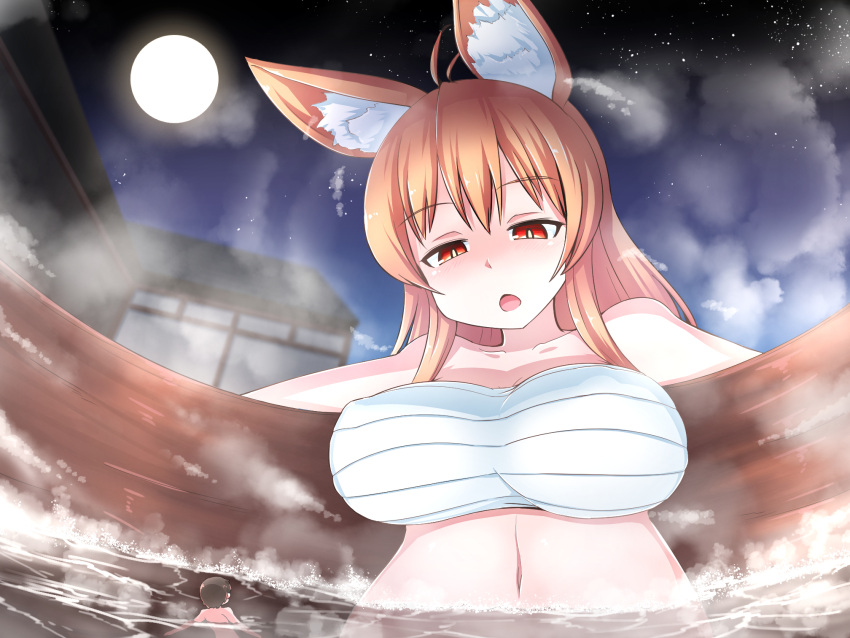 1boy animal_ear_fluff animal_ears architecture bare_shoulders blonde_hair breasts chest_sarashi commentary_request east_asian_architecture eye_contact female fox_ears fox_girl full_moon giant giantess highres hot_tub large_breasts looking_at_another mini_person miniboy moon navel night night_sky onsen open_mouth orange_eyes original sarashi size_difference sky star_(sky) steam terada_ochiko water