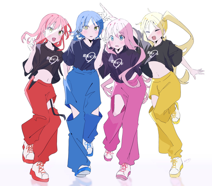 4girls absurdres black_shirt blush bocchi_the_rock! clothing_cutout cropped_shirt full_body gotoh_hitori highres ijichi_nijika kessoku_band kita_ikuyo leg_cutout looking_at_viewer multiple_girls navel outstretched_arm print_shirt shirt shirt_tucked_in shoes short_sleeves signature simple_background sneakers stomach sutera_sea v white_background yamada_ryo