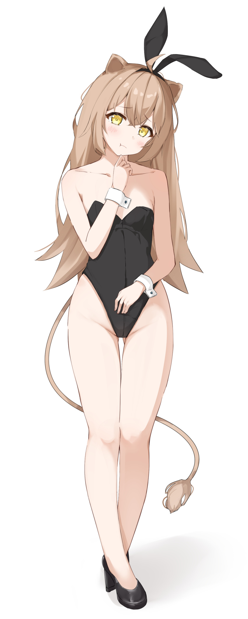 absurdres animal_ears bare_arms bare_legs bare_shoulders black_footwear black_leotard blush brown_hair collarbone fake_animal_ears female full_body groin hand_up highleg highleg_leotard highres indie_virtual_youtuber legs leotard lion_ears lion_girl lion_tail long_hair nyuu_(pixiv12143565) playboy_bunny pout rabbit_ears rurudo_lion solo standing strapless strapless_leotard tail virtual_youtuber white_background wrist_cuffs yellow_eyes