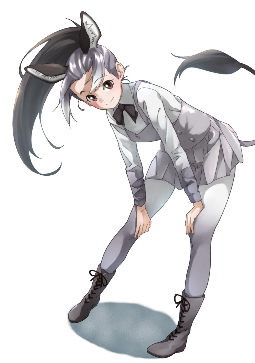 animal_ear_fluff animal_ears boots brown_eyes commentary donkey_(kemono_friends) donkey_ears donkey_girl donkey_tail dress extra_ears female forehead full_body gradient_legwear grey_dress grey_footwear grey_hair hand_on_own_knee highres kemono_friends kemono_friends_2 leaning_forward long_sleeves looking_at_viewer multicolored_hair pantyhose pinafore_dress ponytail simple_background sleeveless sleeveless_dress smile solo standing tail tanabe_(fueisei) white_background