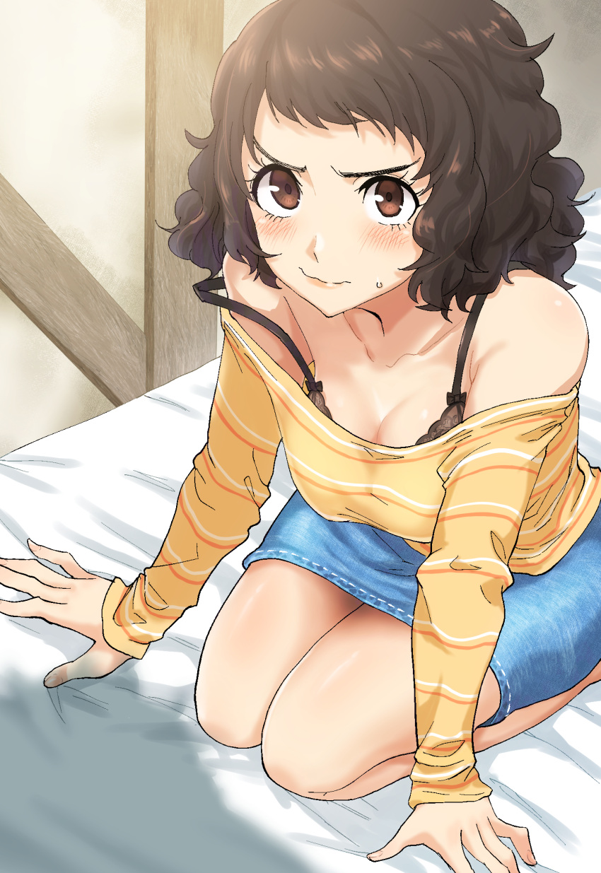 bare_shoulders bed_sheet bedroom black_bra blush bra bra_peek breasts brown_eyes brown_hair cleavage denim denim_skirt female highres kawakami_sadayo kneeling kurosususu long_sleeves medium_breasts on_bed persona persona_5 shadow shirt short_hair skirt solo strap_slip striped_clothes striped_shirt sweatdrop textless_version underwear wavy_mouth yellow_shirt