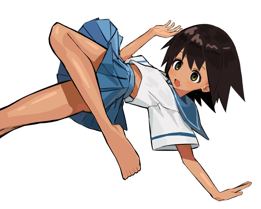 :d absurdres ass_peek barefoot bfmelu blue_sailor_collar blue_skirt blue_trim blush bob_cut brown_hair commentary convenient_censoring dark-skinned_female dark_skin female foot_out_of_frame hand_up highres jumping knee_up looking_at_viewer midriff_peek oerba_yun_fang open_mouth outstretched_arms pleated_skirt sailor_collar sayonara_zetsubou_sensei school_uniform sekiutsu_maria_tarou serafuku shirt short_hair short_sleeves skirt smile toes twisted_torso white_shirt yellow_eyes