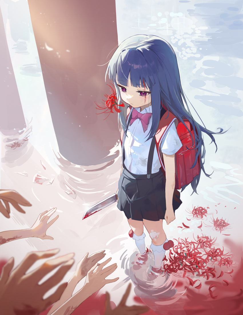 absurdres backpack bag bandage_on_knee black_skirt blood blood_on_knife blue_hair blunt_bangs bow bowtie collared_shirt commentary dark_blue_hair english_commentary female flower furude_rika gauze_on_knee highres higurashi_no_naku_koro_ni holding holding_knife knife lolicon pillar pink_bow pink_bowtie randoseru red_bag red_eyes red_footwear scar scar_on_face school_uniform shirt short_sleeves skirt socks spider_lily suspenders suye wading water white_shirt white_socks