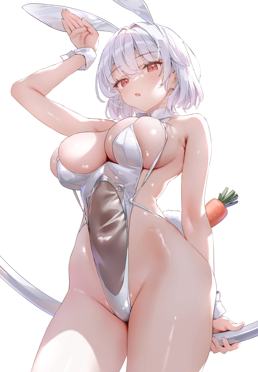 absurdres aerial_hoop animal_ears arm_up azur_lane bare_hips blush breasts carrot classic_(zildjian33) cleavage cowboy_shot fake_animal_ears fake_tail female from_below hair_intakes highleg highleg_leotard highres large_breasts leotard looking_at_viewer mixed-language_commentary official_alternate_costume open_mouth paid_reward_available playboy_bunny rabbit_pose rabbit_tail red_eyes short_hair simple_background sirius_(azur_lane) sirius_(rabbit_of_paradise)_(azur_lane) skindentation solo tail thighs white_background white_hair white_leotard white_wrist_cuffs wrist_cuffs