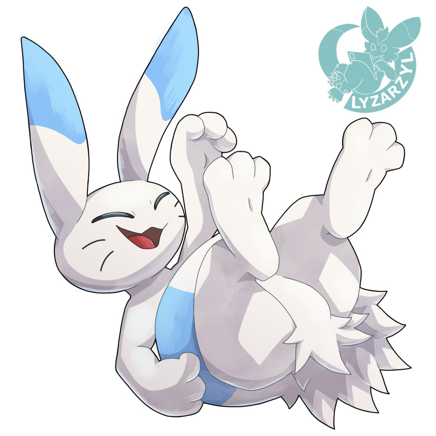 2024 2024_pokemon_gigaleak 3_fingers 3_toes ambiguous_gender beta_pokemon_(species) beta_pokemon_games blue_body blue_fur closed_eyes english_description featureless_crotch feet fingers fur happy hi_res lagomorph lizarzyl lying mammal nintendo on_back open_mouth pokemon signature simple_background soles solo tail toes warabbit white_background white_body white_fur