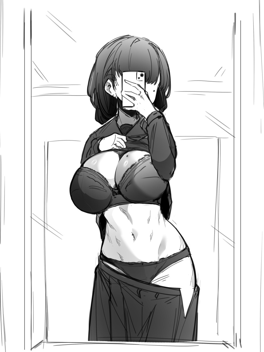 bra breasts cellphone clothes_lift clothes_pull cowboy_shot female greenopi greyscale highres holding holding_phone large_breasts lifting_own_clothes long_sleeves mole mole_on_breast mole_under_eye monochrome navel original panties phone selfie shirt_lift skirt skirt_pull smartphone solo stomach underwear