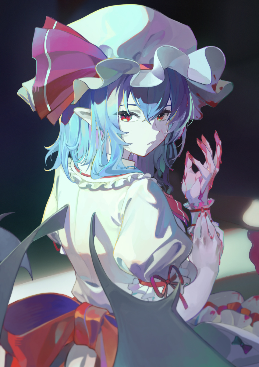 absurdres ascot bat_wings blood blood_on_face blood_on_hands blue_hair dress female hat hat_ribbon highres looking_at_viewer looking_back mob_cap pink_hat pointy_ears red_ascot red_eyes remilia_scarlet ribbon short_hair solo toga_(toganawa) touhou white_dress wings wrist_cuffs