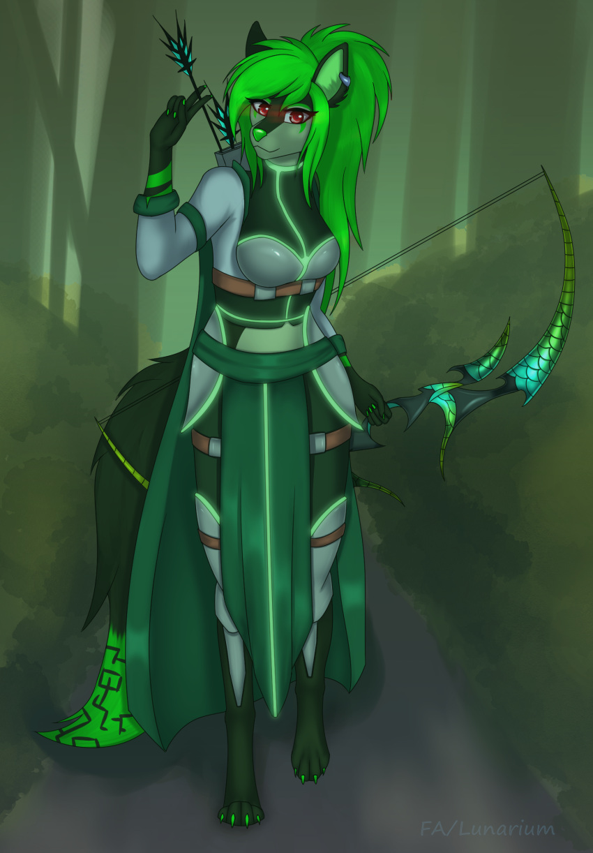 anthro armor bow_(weapon) canid canine canis fantasy female fluffy fluffy_tail forest green_body green_hair green_nose hair hi_res linkxendo lunarium mammal plant ranged_weapon red_eyes simple_background solo tail tree weapon wolf