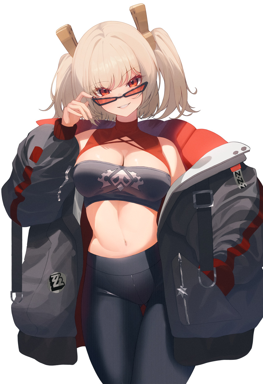 absurdres adapted_costume black_jacket black_tube_top blonde_hair breasts burnice_white cowboy_shot female highres jacket large_breasts looking_over_eyewear meplon midriff navel open_clothes open_jacket open_mouth oversized_jacket pants red-tinted_eyewear red_eyes solo stomach strapless thigh_gap tinted_eyewear tube_top two_side_up white_background yoga_pants zenless_zone_zero