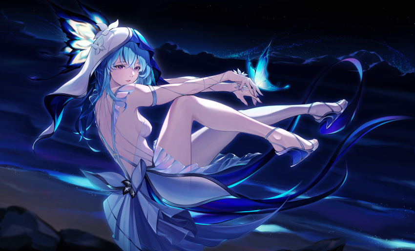 absurdres armlet back bare_legs black_flower blake_bloom_(wuthering_waves) blue_hair blue_theme blue_veil breasts colored_eyelashes commentary dress female flower from_side hair_between_eyes heel-less_heels highres jewelry legs long_hair looking_at_viewer mountainous_horizon parted_lips purple_eyes shore shorekeeper_(wuthering_waves) sleeveless sleeveless_dress small_breasts solo swallow_zzy toes two-tone_veil veil water white_dress white_veil wuthering_waves