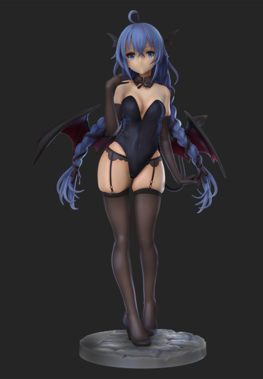 3d ahoge black_background black_collar black_footwear black_leotard black_skirt blue_eyes blue_hair braid brown_dust_(series) brown_dust_2 brown_gloves brown_thighhighs collar covered_navel demon_girl demon_tail demon_wings elbow_gloves figure garter_belt gloves head_wings heart heart_tail high_heels highres leotard long_hair low_wings mushoku_tensei remtoto roxy_migurdia skindentation skirt stiletto_heels tail thighhighs twin_braids very_long_hair wings zbrush_(medium)