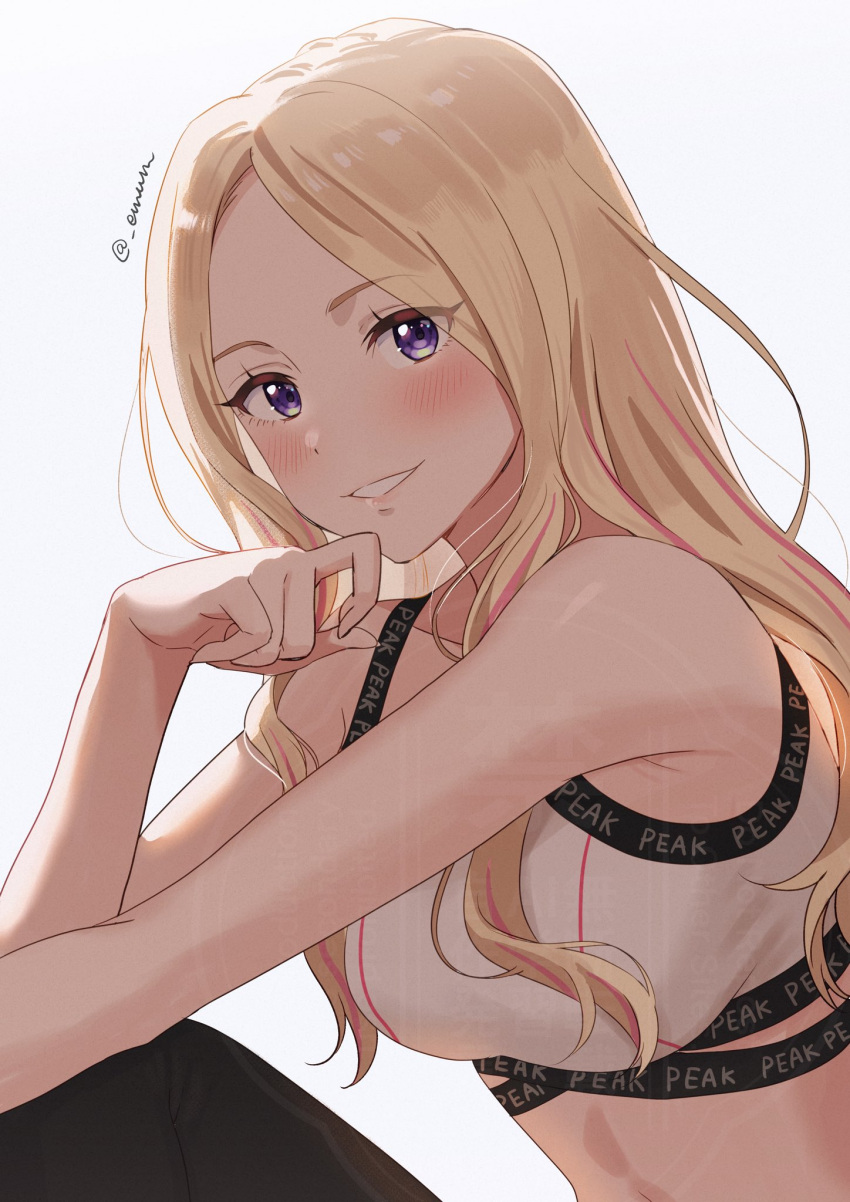 armpits bare_shoulders black_pants blonde_hair blush breasts commentary dot_nose emu_(emum) eyelashes female gakuen_idolmaster gradient_background grey_background grin hair_over_breasts hair_over_shoulder hand_on_own_chin highres idolmaster juo_sena large_breasts long_hair looking_at_viewer multicolored_hair pants parted_bangs pink_hair purple_eyes sidelocks simple_background smile solo tank_top twitter_username two-tone_hair upper_body wavy_hair white_tank_top