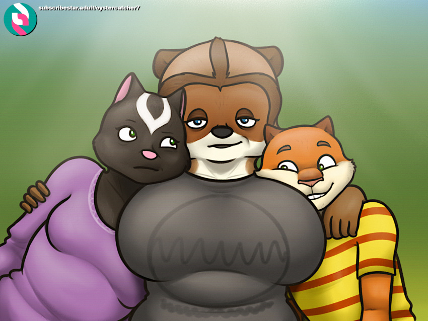 anthro anthrofied big_breasts black_body black_fur breasts brown_body brown_fur clothed clothing digital_media_(artwork) dreamworks female fur group hammy_(over_the_hedge) hi_res hug looking_at_viewer male mammal mature_anthro mature_female mephitid mtf_crossgender over_the_hedge overweight oystercatcher7 procyonid raccoon rj_(over_the_hedge) rodent rule_63 sciurid simple_background skunk slightly_chubby small_breasts smile stella_(over_the_hedge) tree_squirrel trio