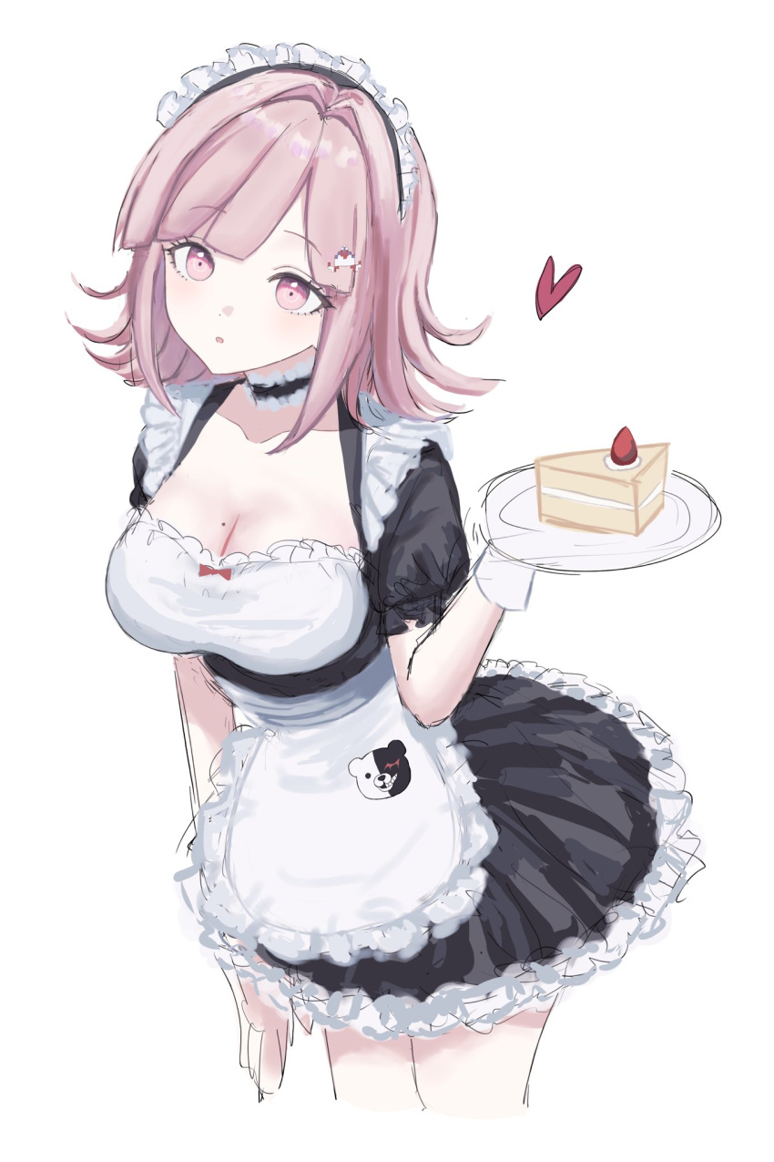 apron black_choker breasts choker creammuhoi danganronpa_(series) danganronpa_2:_goodbye_despair dress female frilled_choker frills highres looking_at_viewer maid maid_apron maid_headdress medium_hair mole mole_on_breast monokuma nanami_chiaki official_alternate_costume open_mouth pink_eyes solo