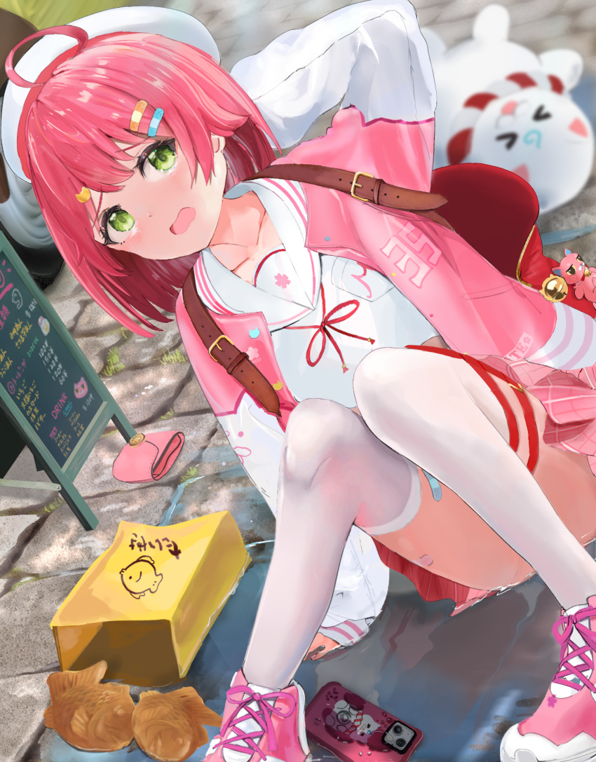 35p_(sakura_miko) ahoge ass backpack bag bandaid bandaid_hair_ornament bandaid_on_thigh beret blurry blurry_background blush breast_pocket cat_hair_ornament cellphone collarbone dropped_food embarrassed female food fuji_ranman green_eyes hair_ornament hairclip hand_on_floor hand_on_own_head hand_rest hand_up hat highres holding holding_bag hololive jacket kintoki_(sakura_miko) knees_up letterman_jacket long_sleeves looking_at_viewer menu_board neck_ribbon official_alternate_costume on_floor open_mouth panties phone pink_hair pink_jacket pink_shirt plaid_clothes plaid_skirt pleated_skirt pocket red_bag red_ribbon ribbon sailor_collar sakura_miko sakura_miko_(school_uniform) school_uniform shirt shoes short_hair sitting skirt smartphone sneakers solo taiyaki thigh_strap thighhighs thighs tripping underwear virtual_youtuber wagashi water wavy_mouth wet wet_floor white_hat white_sailor_collar white_shirt white_sleeves white_thighhighs zettai_ryouiki