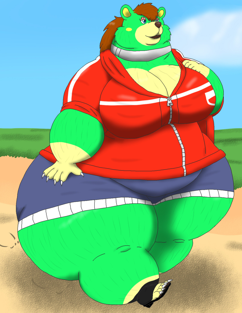 alythewolfcat animal_crossing anthro bear big_breasts bottomwear breasts charlise_(animal_crossing) clothing female fur green_body green_fur hi_res huge_hips hyper hyper_hips jacket male mammal morbidly_obese nintendo obese overweight overweight_female purse red_clothing red_jacket red_topwear sand shorts solo topwear walking wide_hips