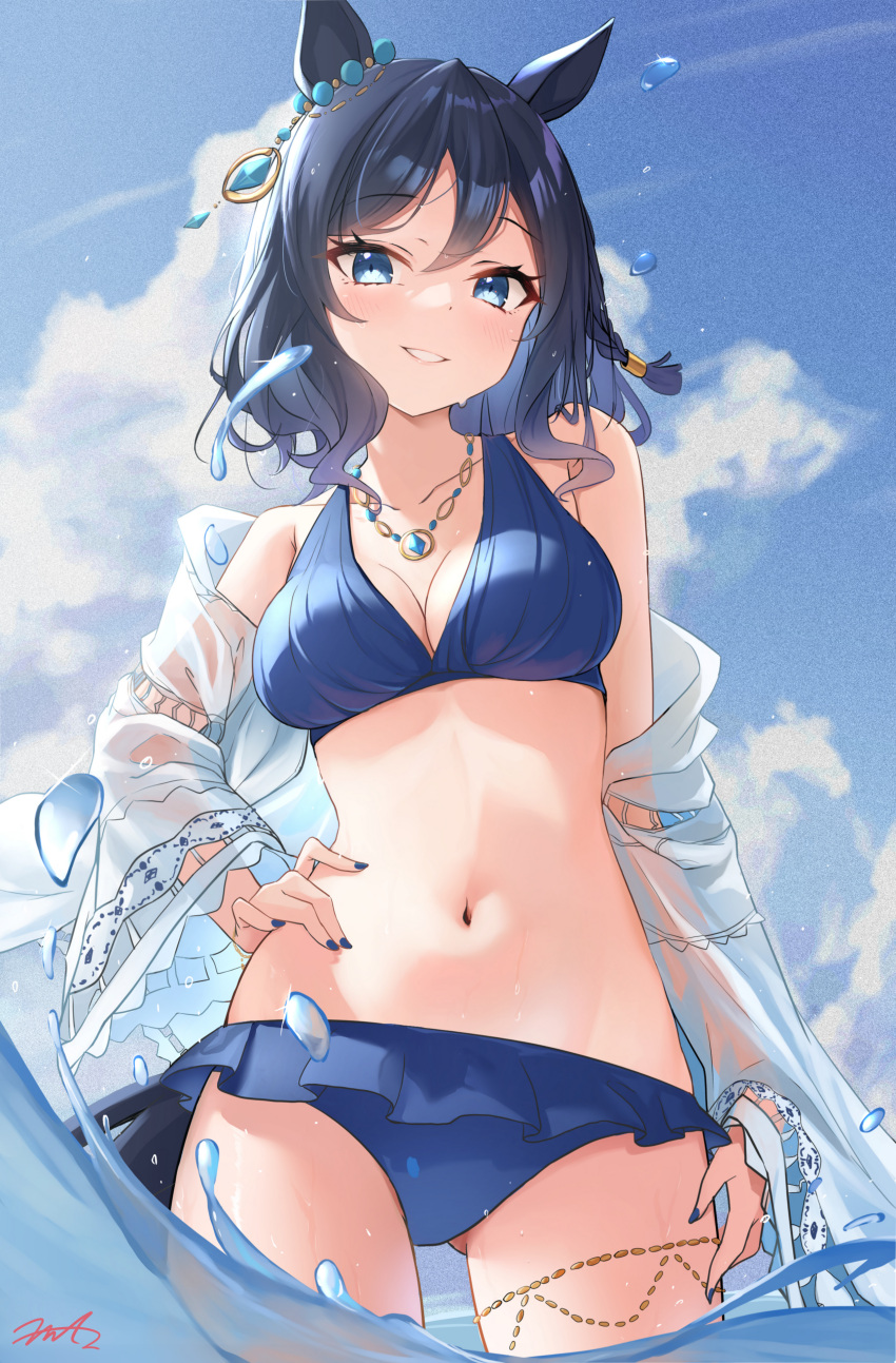 absurdres animal_ears ass_visible_through_thighs bikini black_hair blue_bikini blue_eyes blue_nails blue_sky breasts cloud contrapposto day eishin_flash_(reines_plaetschern)_(umamusume) eishin_flash_(umamusume) english_commentary female frilled_bikini_bottom fritz614 hand_on_own_hip highres horse_ears horse_girl horse_tail jacket medium_breasts nail_polish official_alternate_costume official_alternate_hairstyle open_clothes open_jacket outdoors parted_lips see-through_clothes see-through_jacket short_hair sky smile solo swimsuit tail umamusume wading water