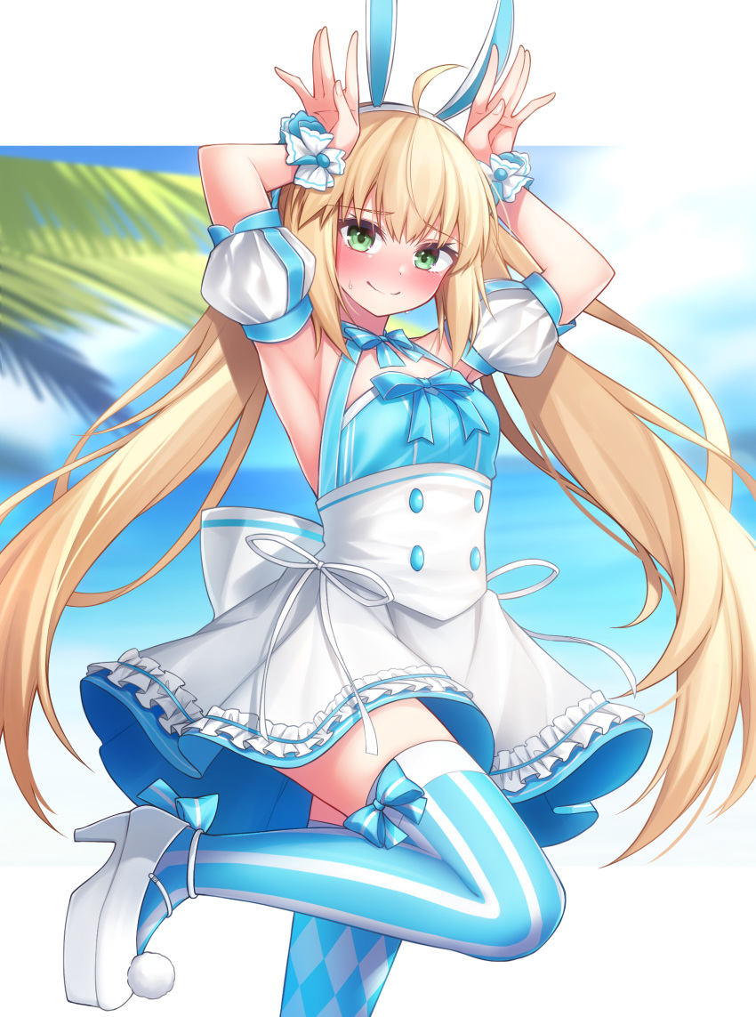 ahoge animal_ears apron artoria_caster_(fate) artoria_caster_(swimsuit)_(fate) artoria_caster_(swimsuit)_(second_ascension)_(fate) artoria_pendragon_(fate) bare_shoulders blonde_hair blue_thighhighs breasts buttons fate/grand_order fate_(series) female green_eyes highres hoshino_reiji long_hair maid maid_apron ocean palm_tree rabbit_ears simple_background small_breasts thighhighs tree twintails white_footwear