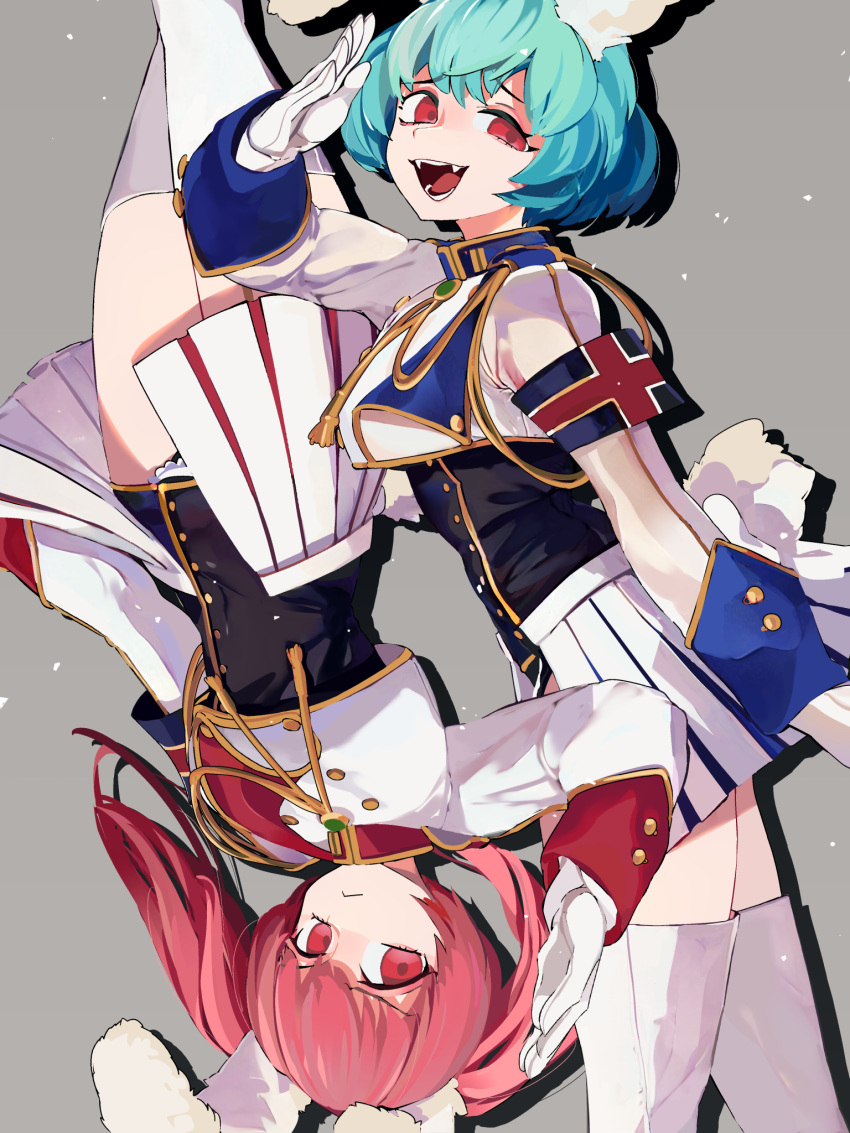 2girls :< amulet animal_ears armband black_leotard blue_hair boots breasts chiester410 chiester45 chiester_sisters closed_mouth commentary_request evil_smile fangs gloves highres idkuroi leotard long_sleeves medium_breasts military_uniform multiple_girls open_clothes open_mouth open_skirt pink_eyes pink_hair rabbit_ears salute short_hair showgirl showgirl_skirt simple_background skirt smile thigh_boots thighhighs twintails umineko_no_naku_koro_ni upside-down white_footwear white_gloves