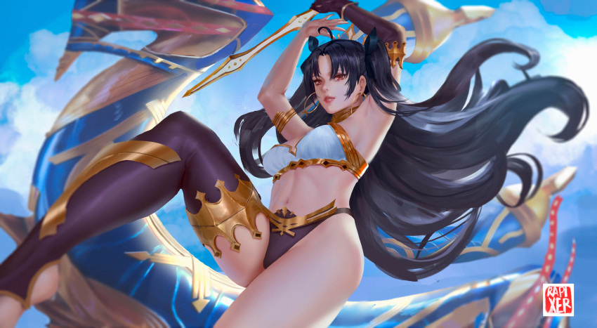 absurdres armlet artist_name black_hair earrings english_commentary fate/grand_order fate_(series) female hair_ribbon heavenly_boat_maanna highres hoop_earrings ishtar_(fate) jewelry long_hair navel parted_bangs rapixer red_eyes ribbon single_thighhigh solo thighhighs two_side_up